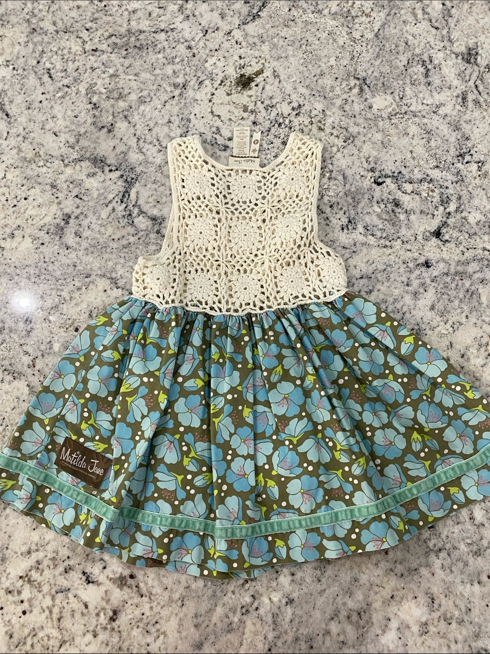 Matilda Jane Olive & Turquoise Floral Dress with Cream Crochet Bib - Picture 6 of 7